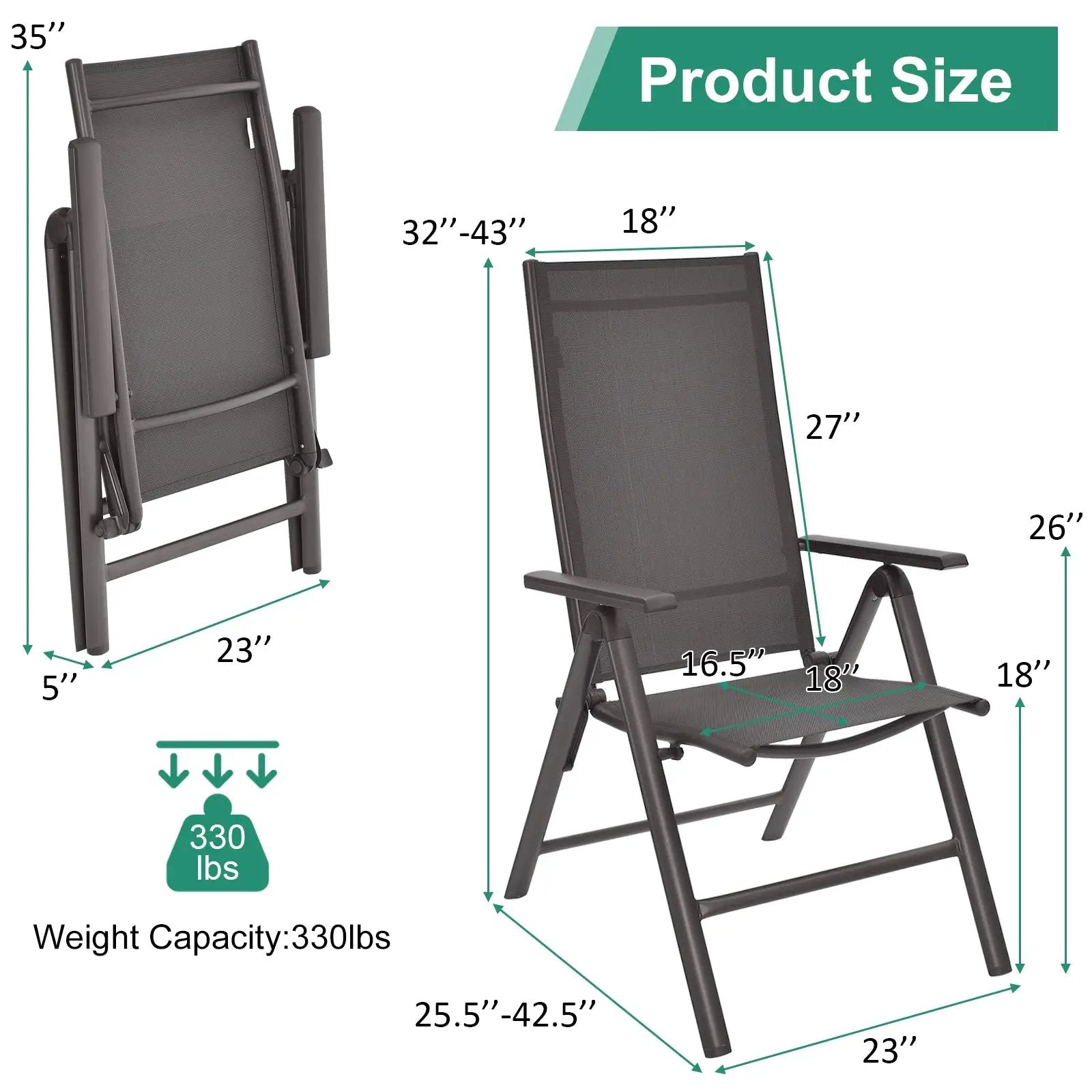 2 Pieces Patio Folding Dining Chairs Aluminium Adjustable Back-Gray by DirectDeals
