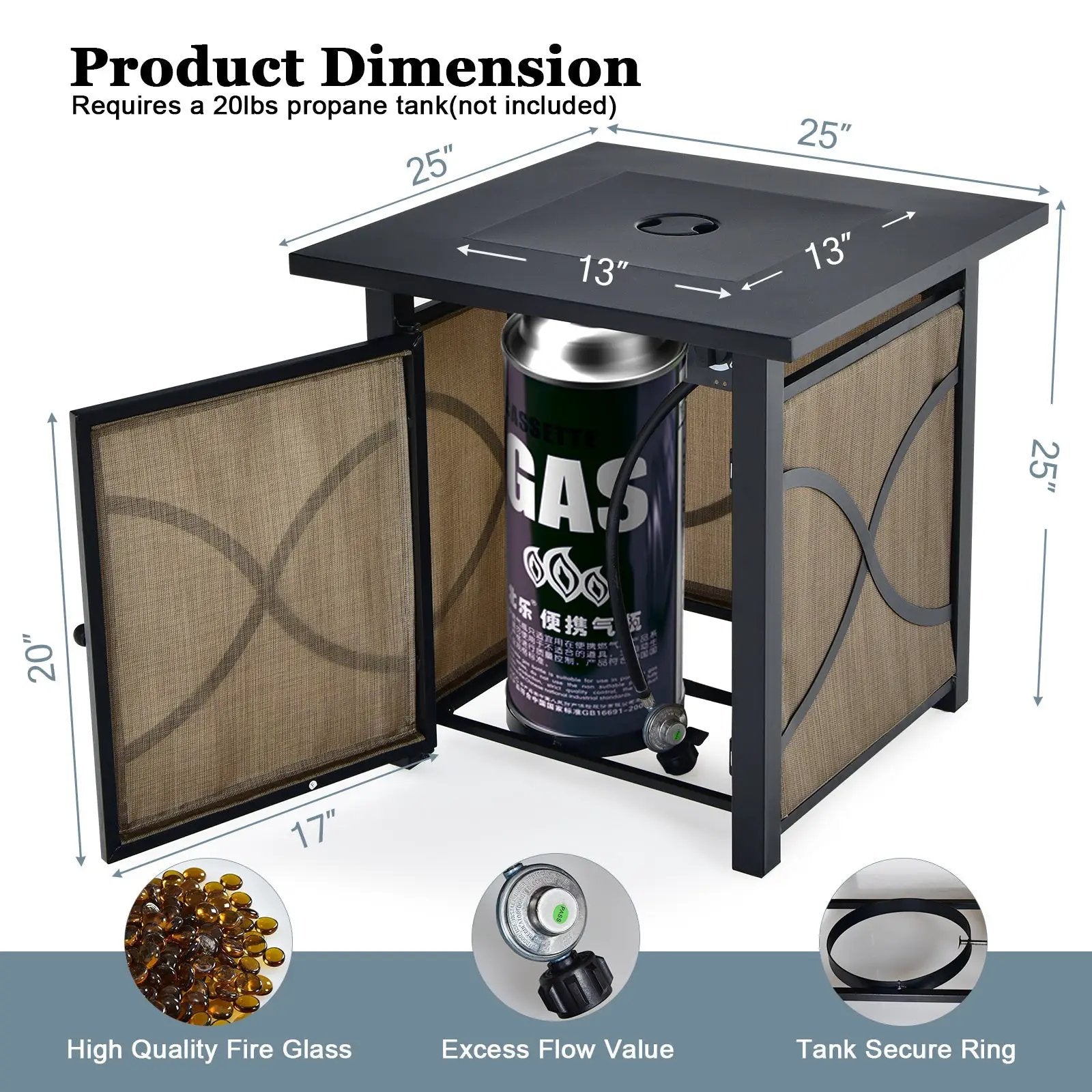 25 Inch 40000 BTU Propane Fire Pit Table with Lid and Fire Glass by DirectDeals