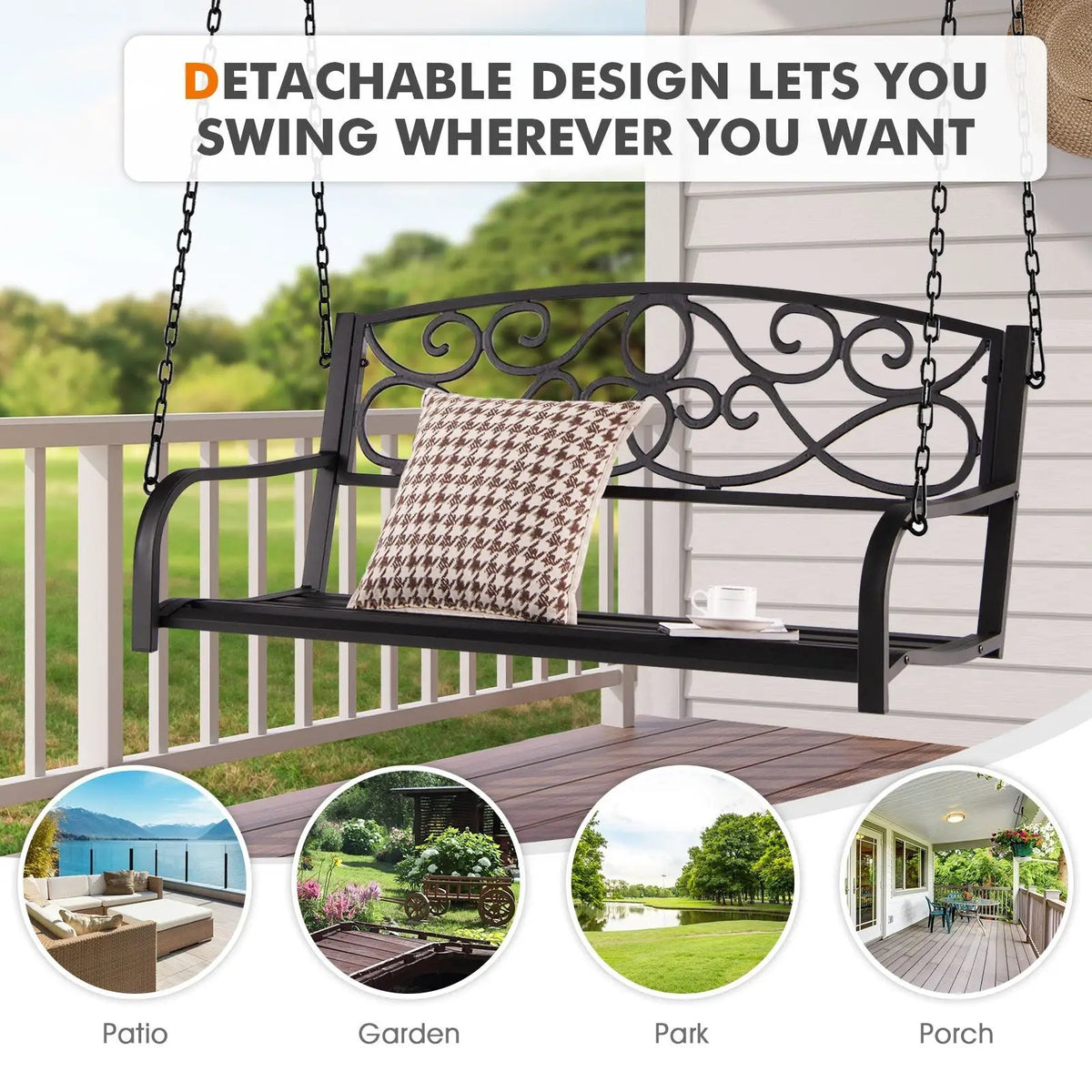 Outdoor 2-Person Metal Porch Swing Chair with Chains by DirectDeals