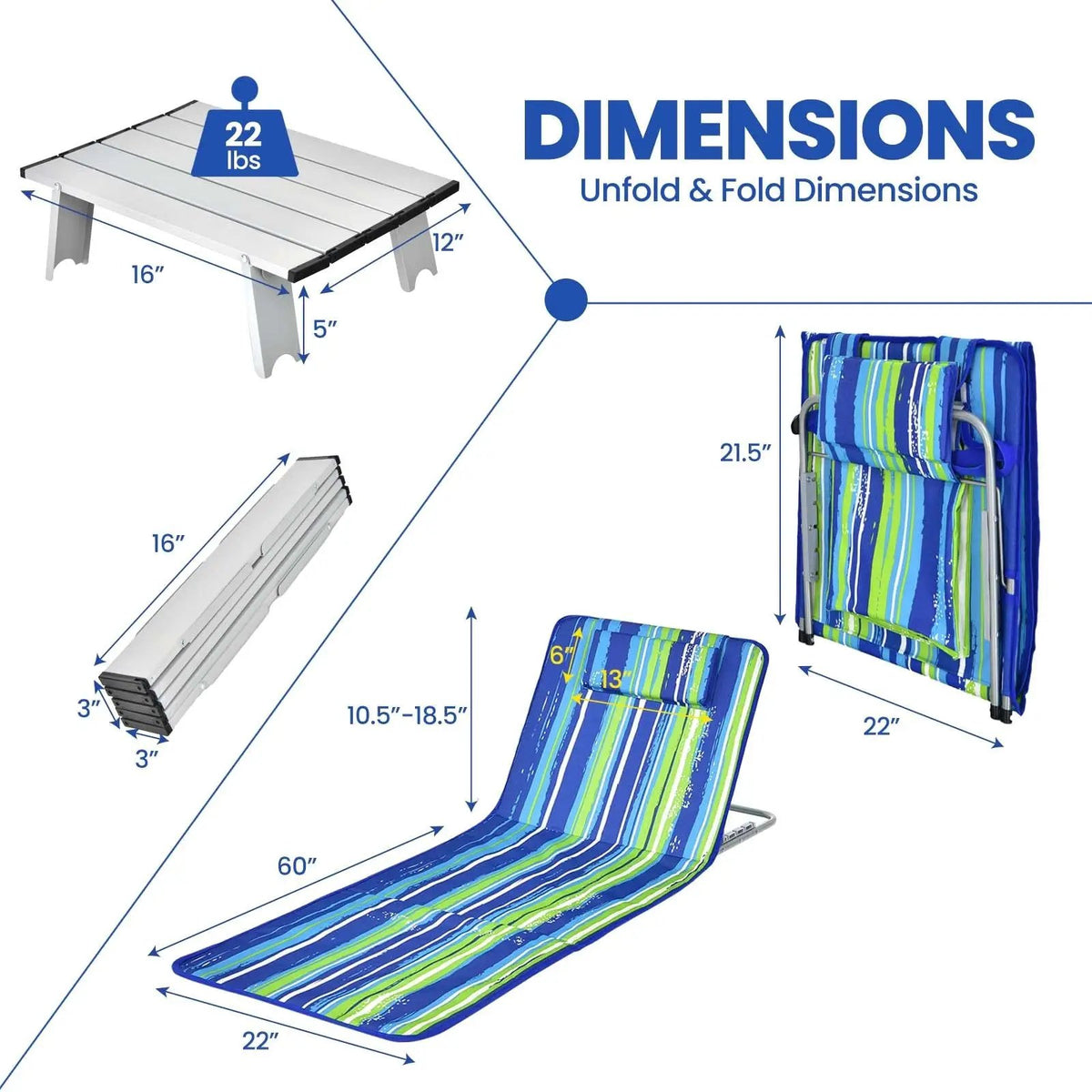 3 Pieces Beach Lounge Chair Mat Set 2 Adjustable Lounge Chairs with Table Stripe by DirectDeals