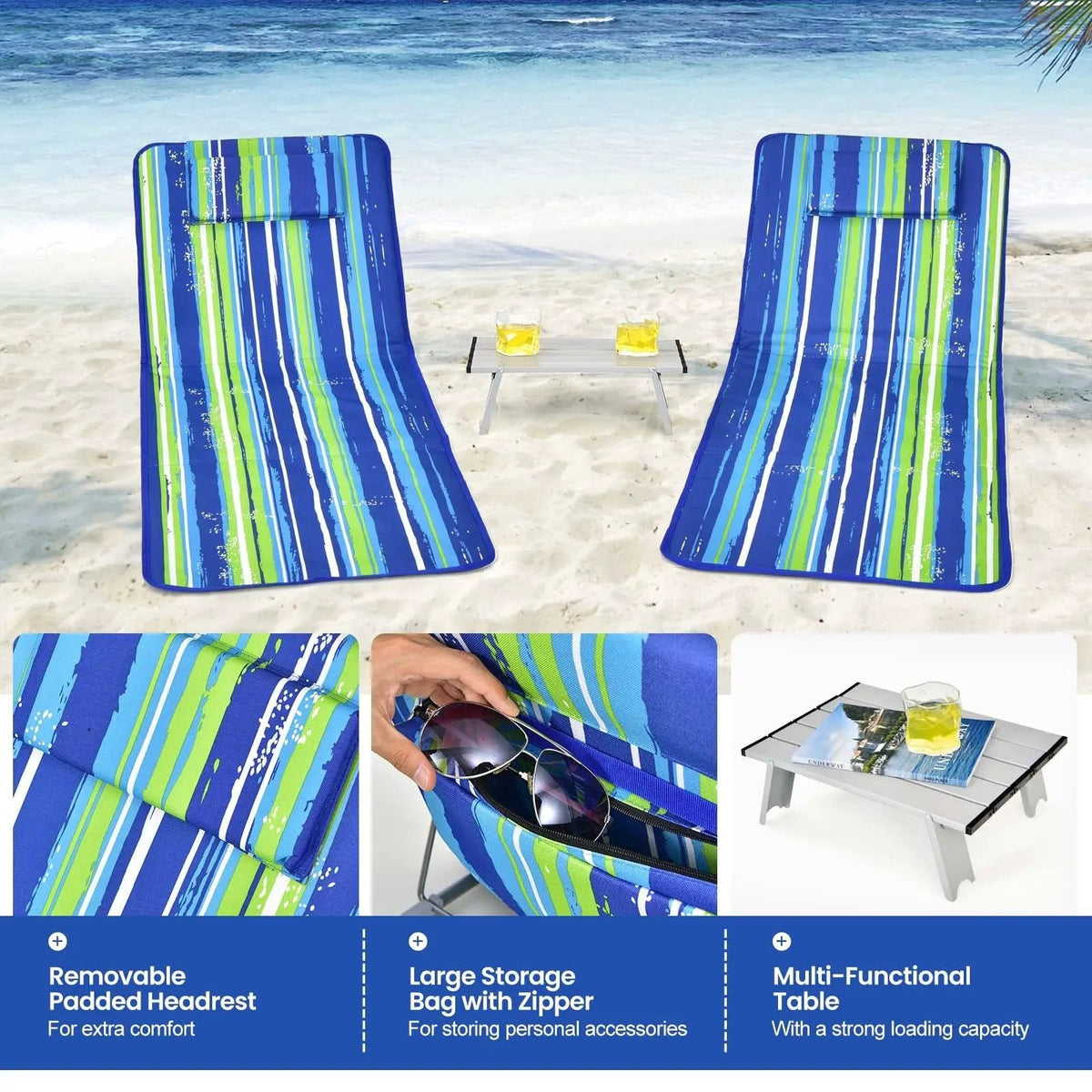 3 Pieces Beach Lounge Chair Mat Set 2 Adjustable Lounge Chairs with Table Stripe by DirectDeals