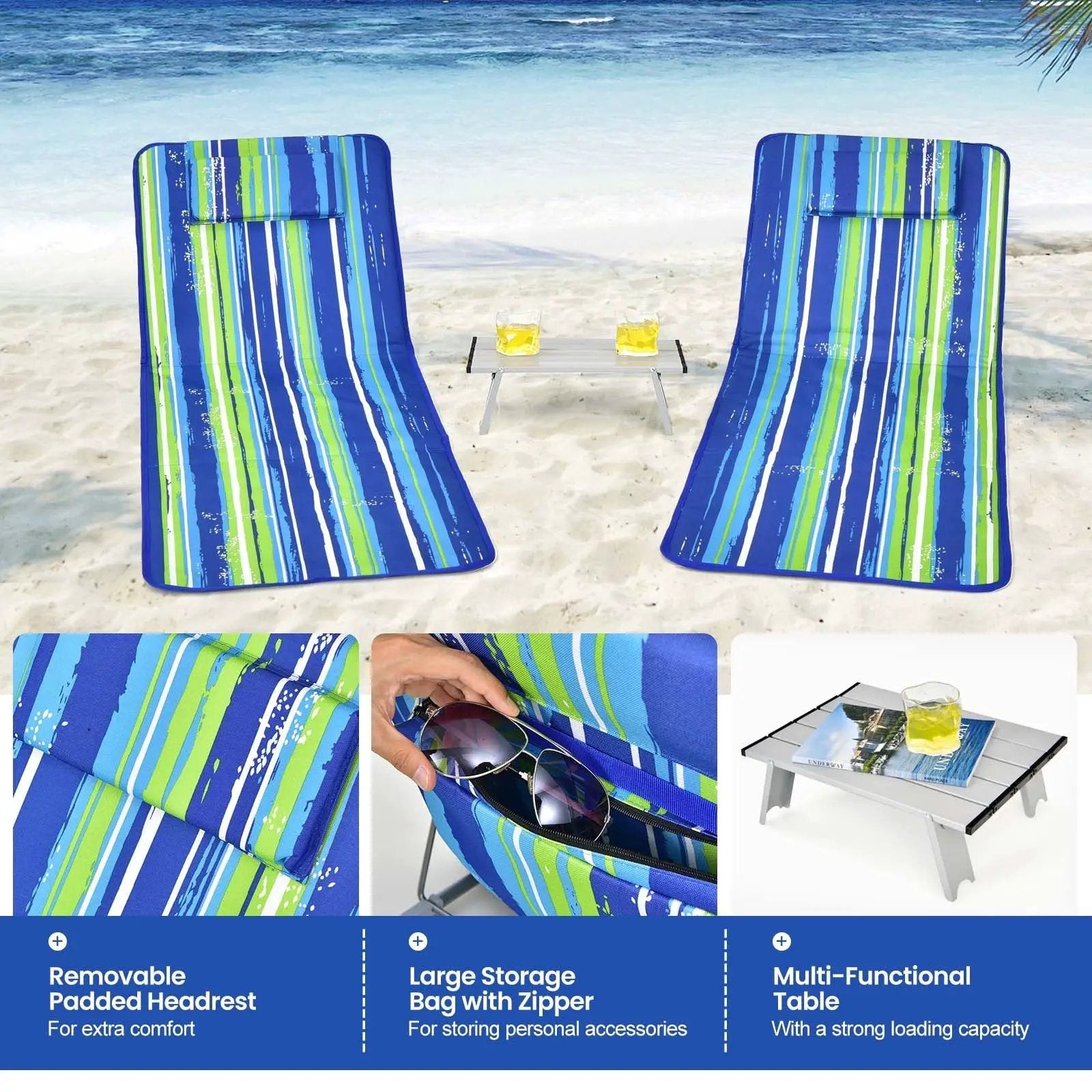3 Pieces Beach Lounge Chair Mat Set 2 Adjustable Lounge Chairs with Table Stripe by DirectDeals