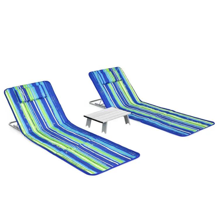 3 Pieces Beach Lounge Chair Mat Set 2 Adjustable Lounge Chairs with Table Stripe by DirectDeals