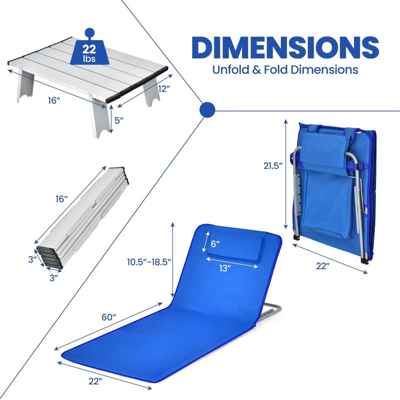 3 Pieces Beach Lounge Chair Mat Set 2 Adjustable Lounge Chairs with Table Stripe by DirectDeals