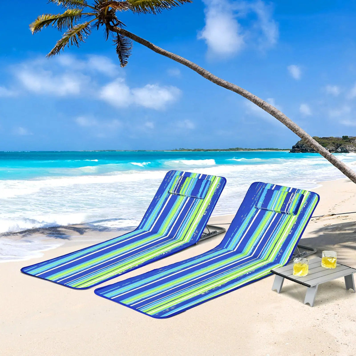 3 Pieces Beach Lounge Chair Mat Set 2 Adjustable Lounge Chairs with Table Stripe by DirectDeals