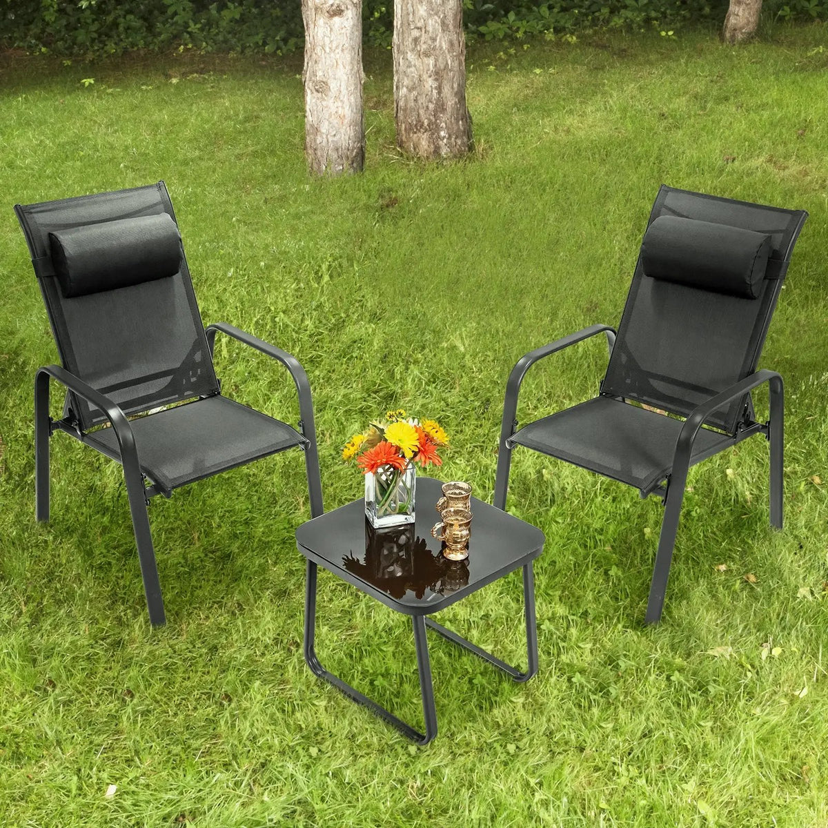 3 Pieces Patio Bistro Furniture Set with Adjustable Backrest by DirectDeals