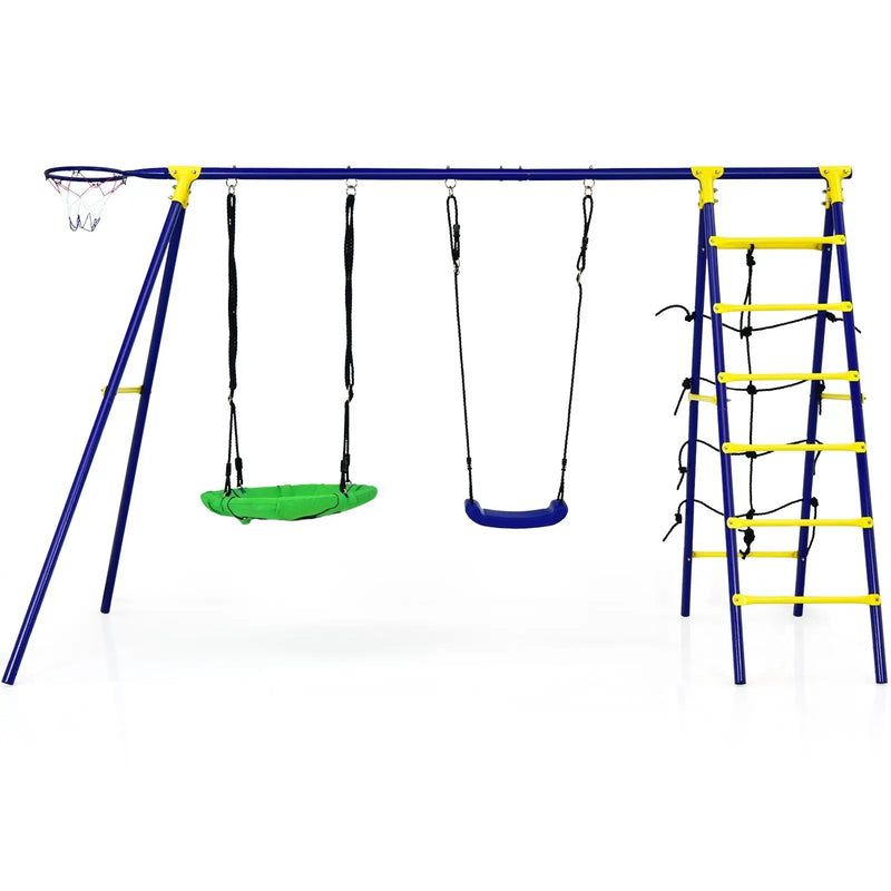 5-In-1 Outdoor Kids Swing Set with A-Shaped Metal Frame and Ground Stake by DirectDeals