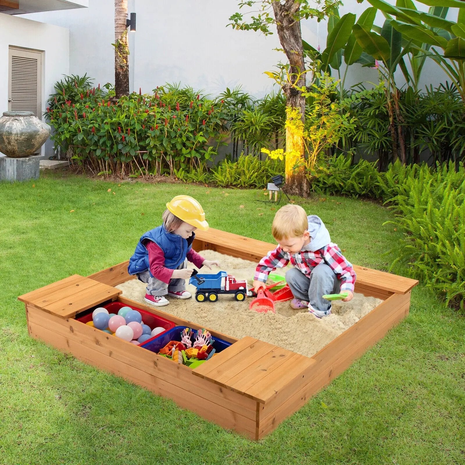Kids Wooden Sandbox with Bench Seats and Storage Boxes by DirectDeals