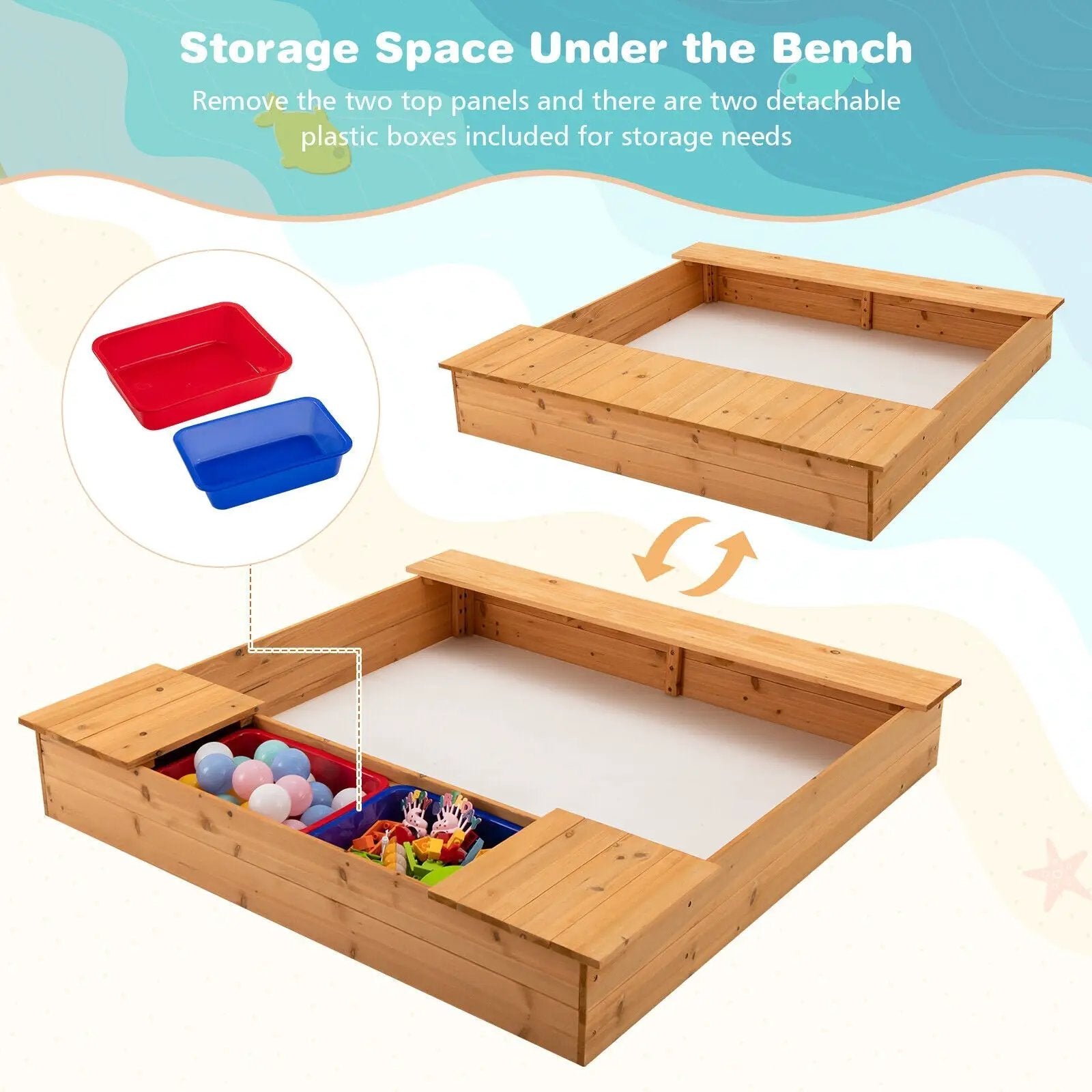 Kids Wooden Sandbox with Bench Seats and Storage Boxes by DirectDeals