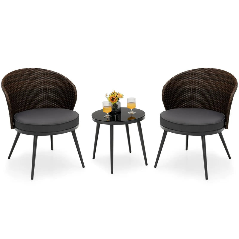 3 Pieces Patio Rattan Bistro Set with 2 Seat Cushions and Tempered Glass Tabletop-Brown by DirectDeals