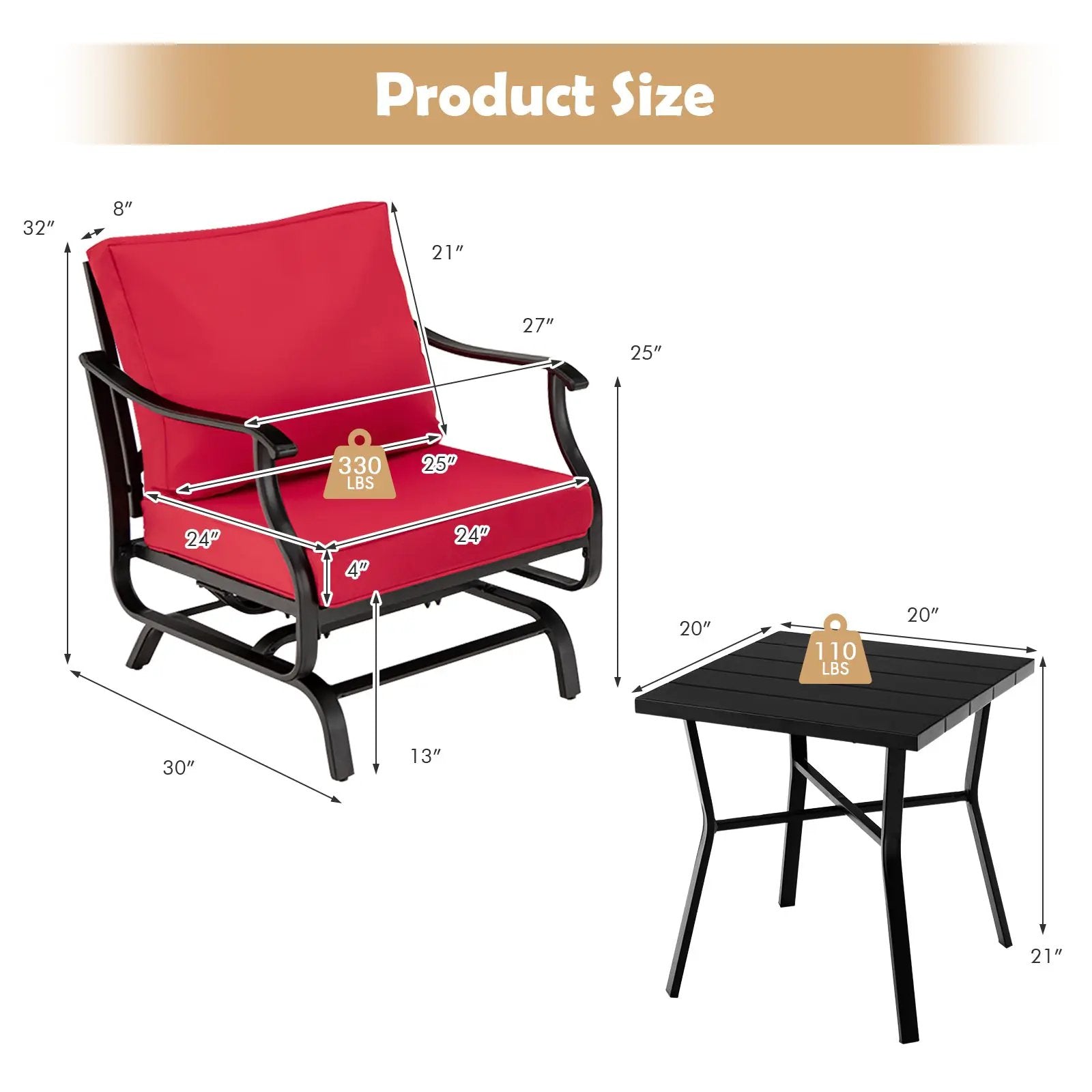 3 Piece Patio Rocking Chair Set with Coffee Table-Red by DirectDeals