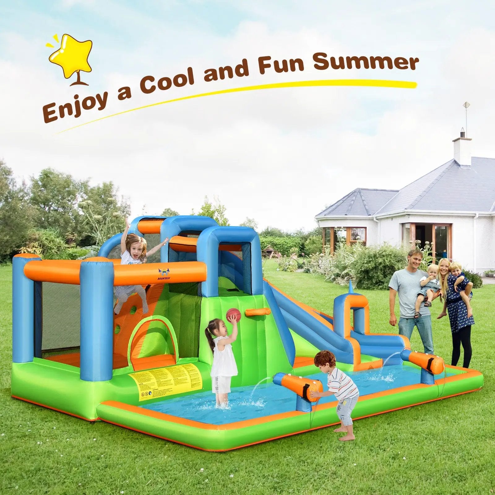 7-in-1 Inflatable Giant Water Park Bouncer with Dual Climbing Walls and 735W Blower by DirectDeals