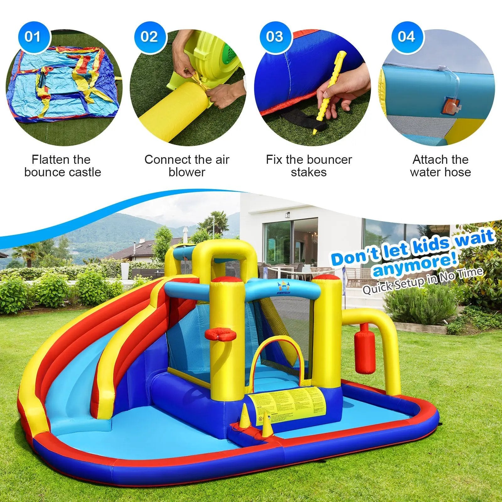 7-in-1 Inflatable Water Slide with 735W Air Blower and Splash Pool by DirectDeals