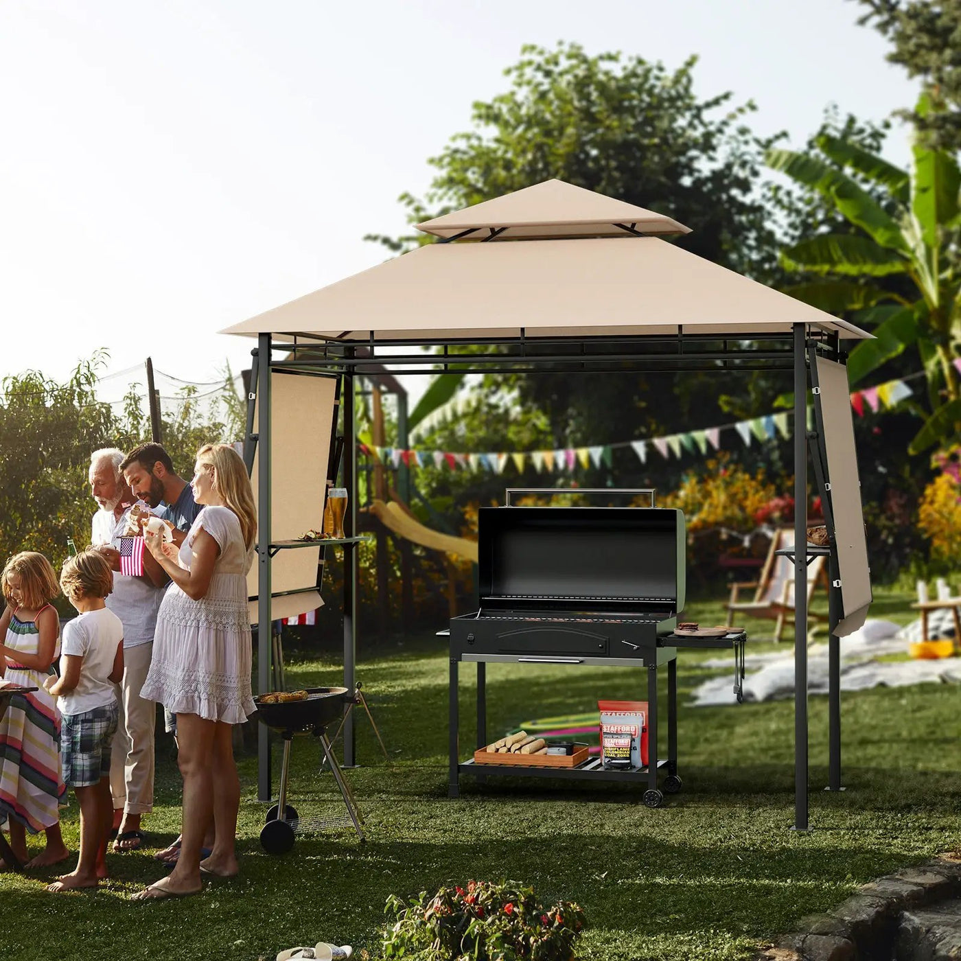 13.5 x 4 Feet Patio BBQ Grill Gazebo Canopy with Dual Side Awnings by DirectDeals