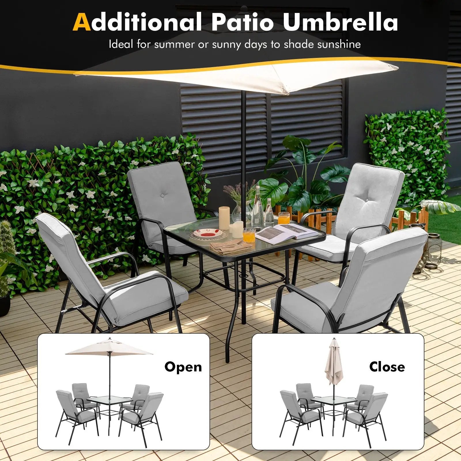 6 Pieces Patio Dining Set with Umbrella and Stackable Cushioned Chairs by DirectDeals