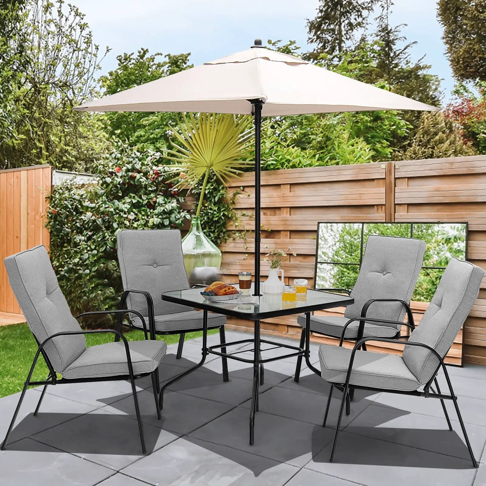 6 Pieces Patio Dining Set with Umbrella and Stackable Cushioned Chairs by DirectDeals