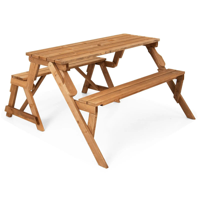 2-in-1 Transforming Interchangeable Wooden Picnic Table Bench with Umbrella Hole-Dark Brown by DirectDeals