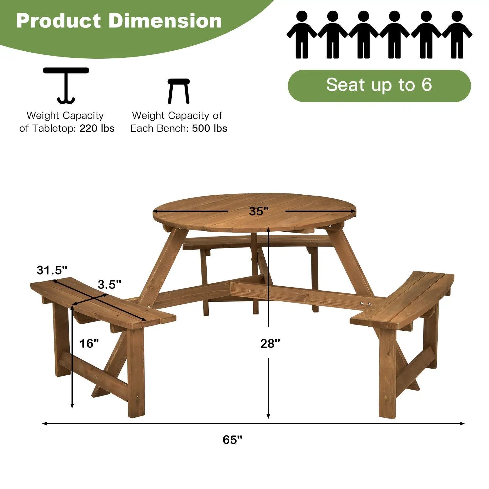 6-person Round Wooden Picnic Table with Umbrella Hole and 3 Built-in Benches-Dark Brown by DirectDeals