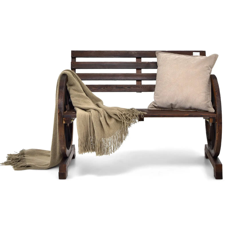 2-Person Outdoor Wooden Wagon Wheel Garden Bench-Brown by DirectDeals
