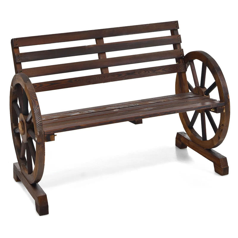 2-Person Outdoor Wooden Wagon Wheel Garden Bench-Brown by DirectDeals