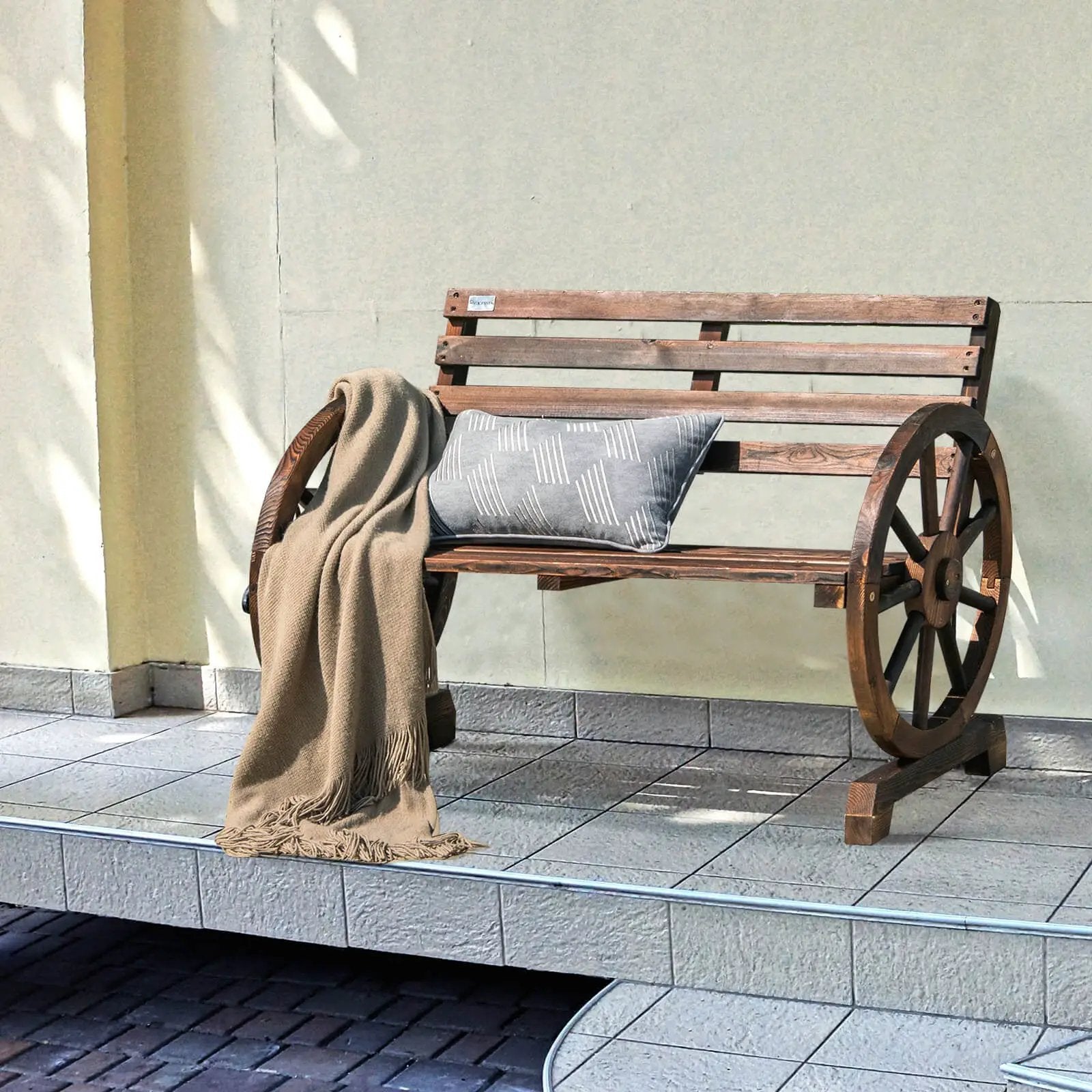 2-Person Outdoor Wooden Wagon Wheel Garden Bench-Brown by DirectDeals