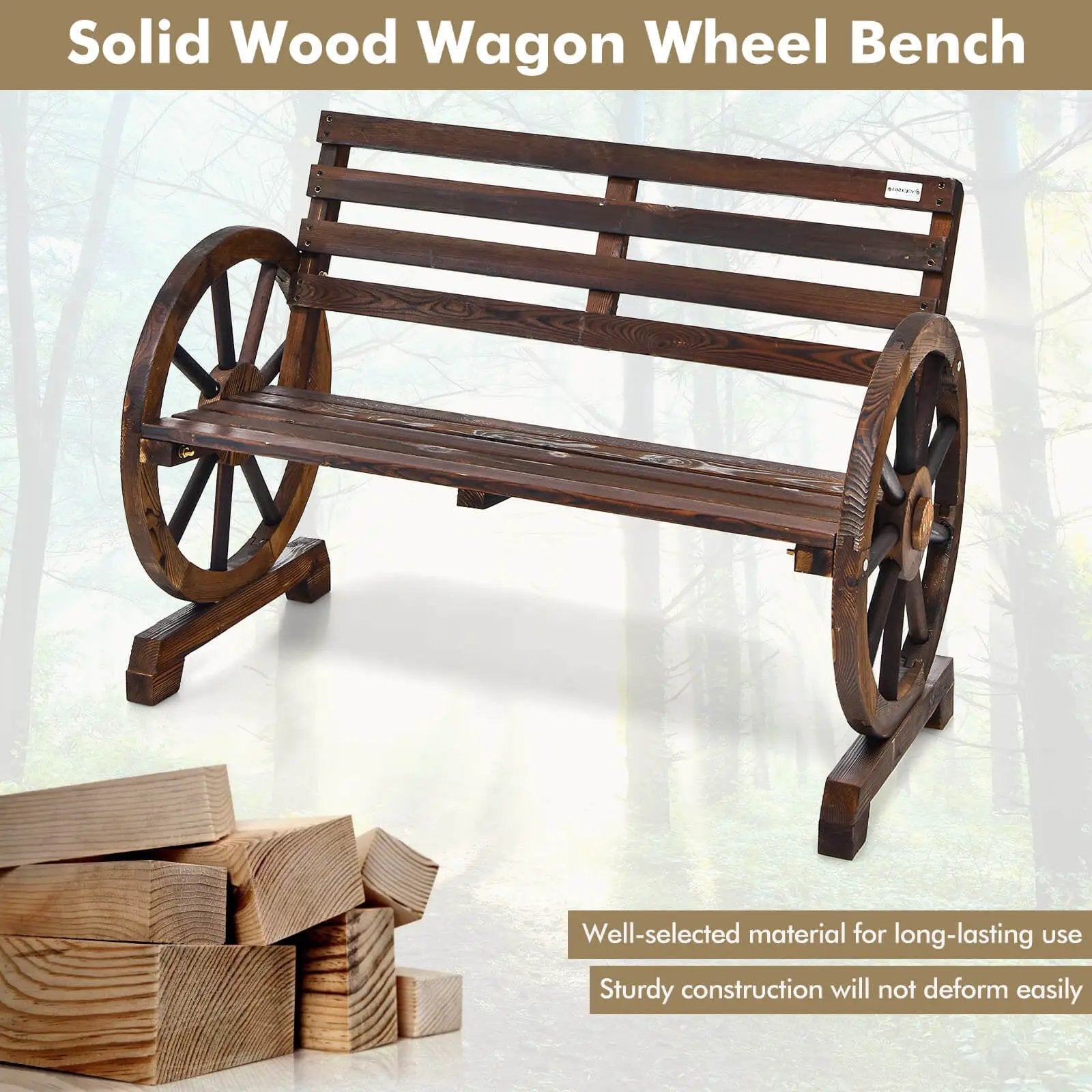2-Person Outdoor Wooden Wagon Wheel Garden Bench-Brown by DirectDeals