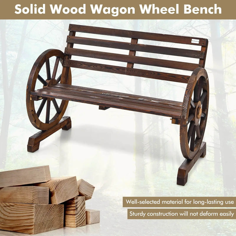 2-Person Outdoor Wooden Wagon Wheel Garden Bench-Brown by DirectDeals