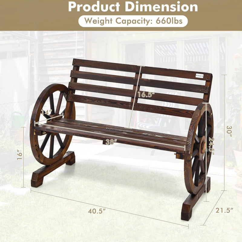 2-Person Outdoor Wooden Wagon Wheel Garden Bench-Brown by DirectDeals