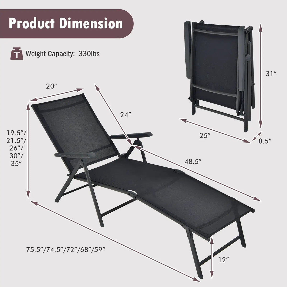 Patio Foldable Chaise Lounge Chair with Backrest and Footrest by DirectDeals