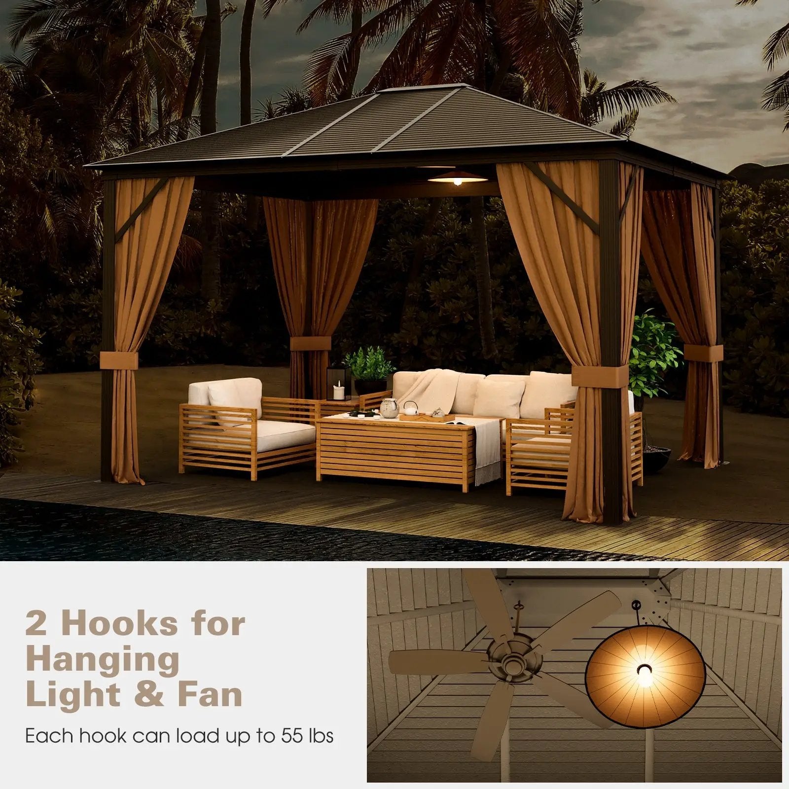 12 x10 Feet Outdoor Hardtop Gazebo with Galvanized Steel Top and Netting-Brown by DirectDeals