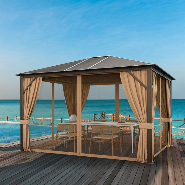 12 x10 Feet Outdoor Hardtop Gazebo with Galvanized Steel Top and Netting-Brown, photo 2 of 8