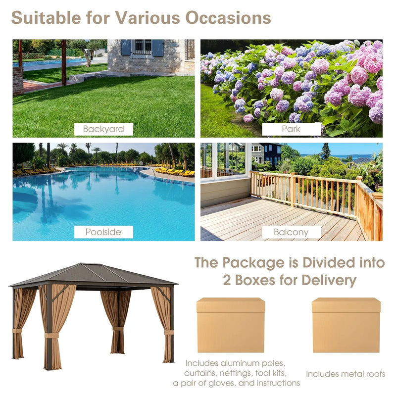12 x10 Feet Outdoor Hardtop Gazebo with Galvanized Steel Top and Netting-Brown by DirectDeals