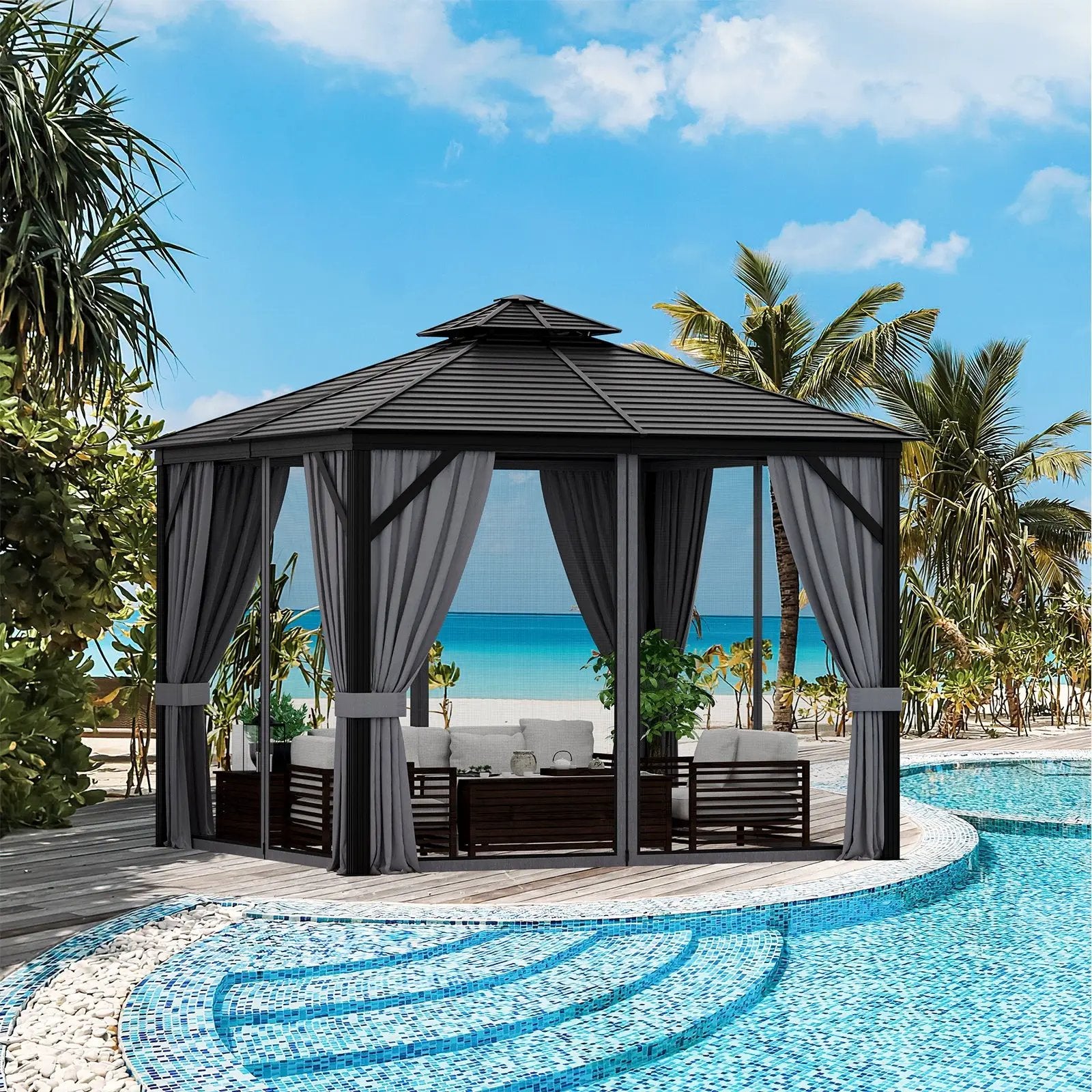 10 x 10 Feet Double-Top Hardtop Gazebo with Galvanized Steel Roof-Gray by DirectDeals