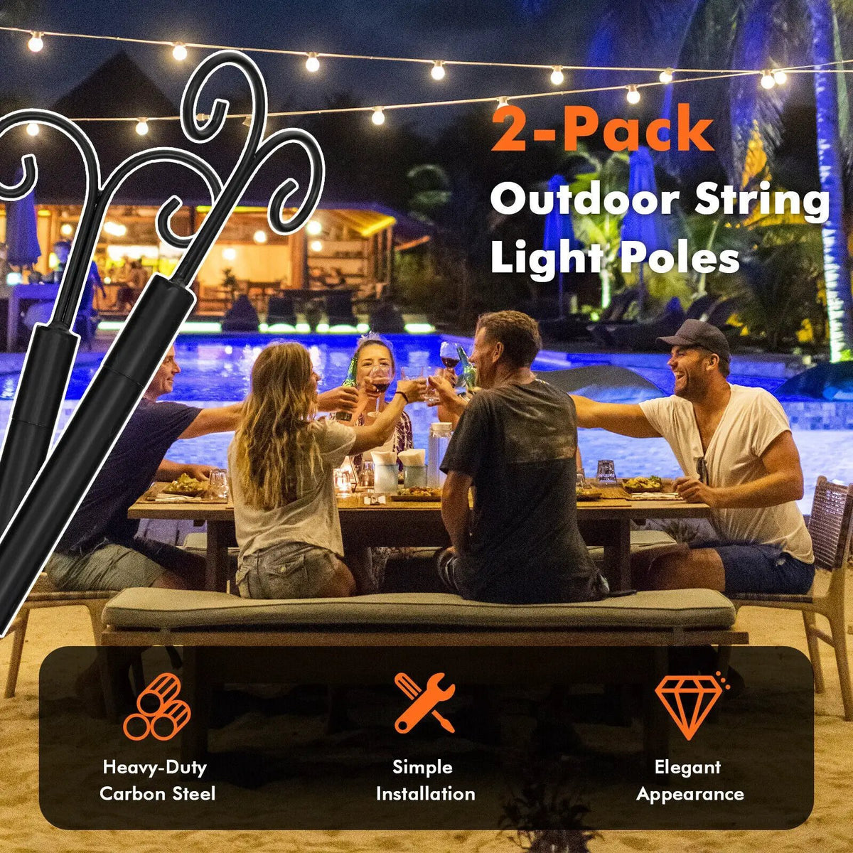 String Light Poles 2 Pack Outdoor Metal Poles with Top Arc Hook and 5-Prong Base by DirectDeals