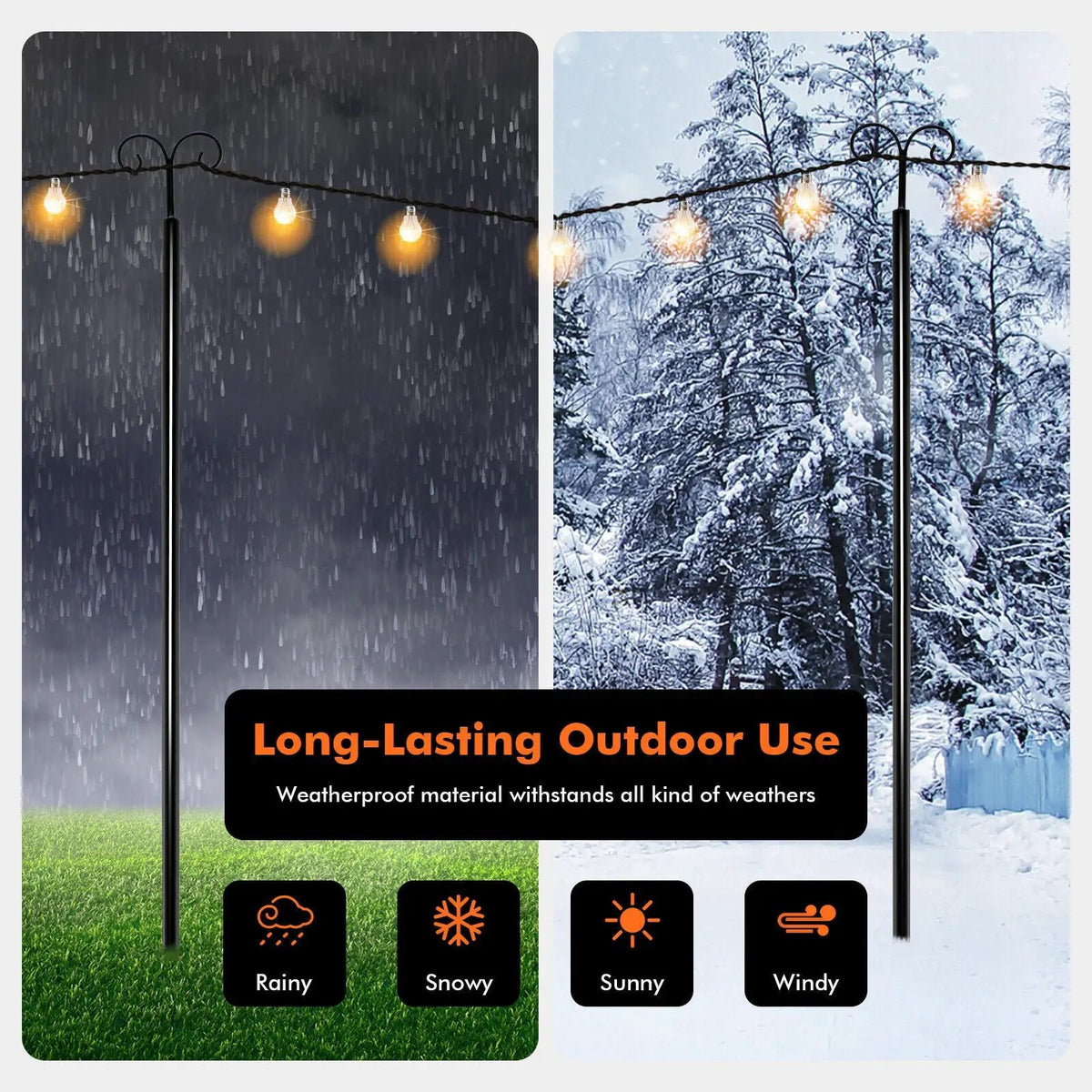 String Light Poles 2 Pack Outdoor Metal Poles with Top Arc Hook and 5-Prong Base by DirectDeals
