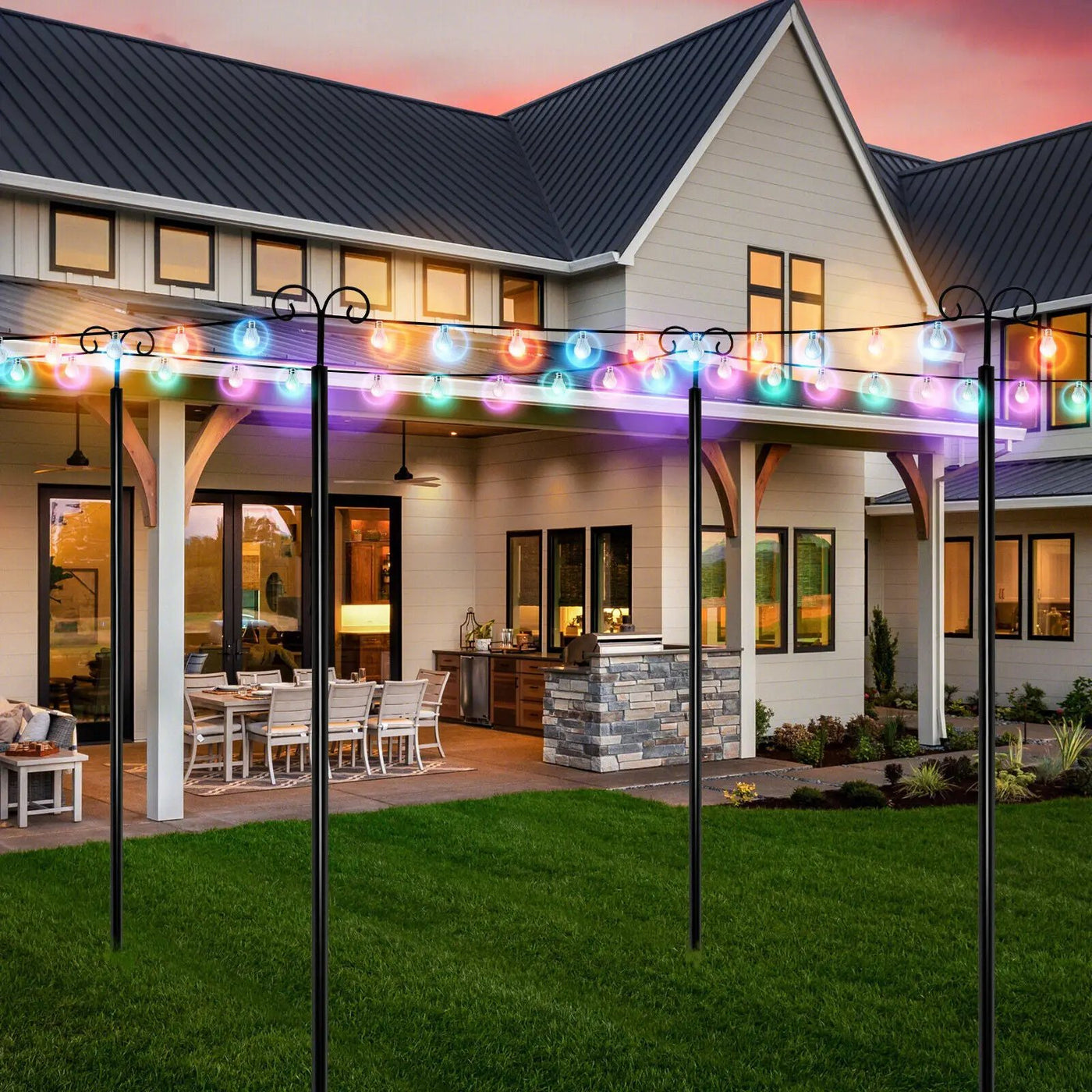 String Light Poles 2 Pack Outdoor Metal Poles with Top Arc Hook and 5-Prong Base by DirectDeals
