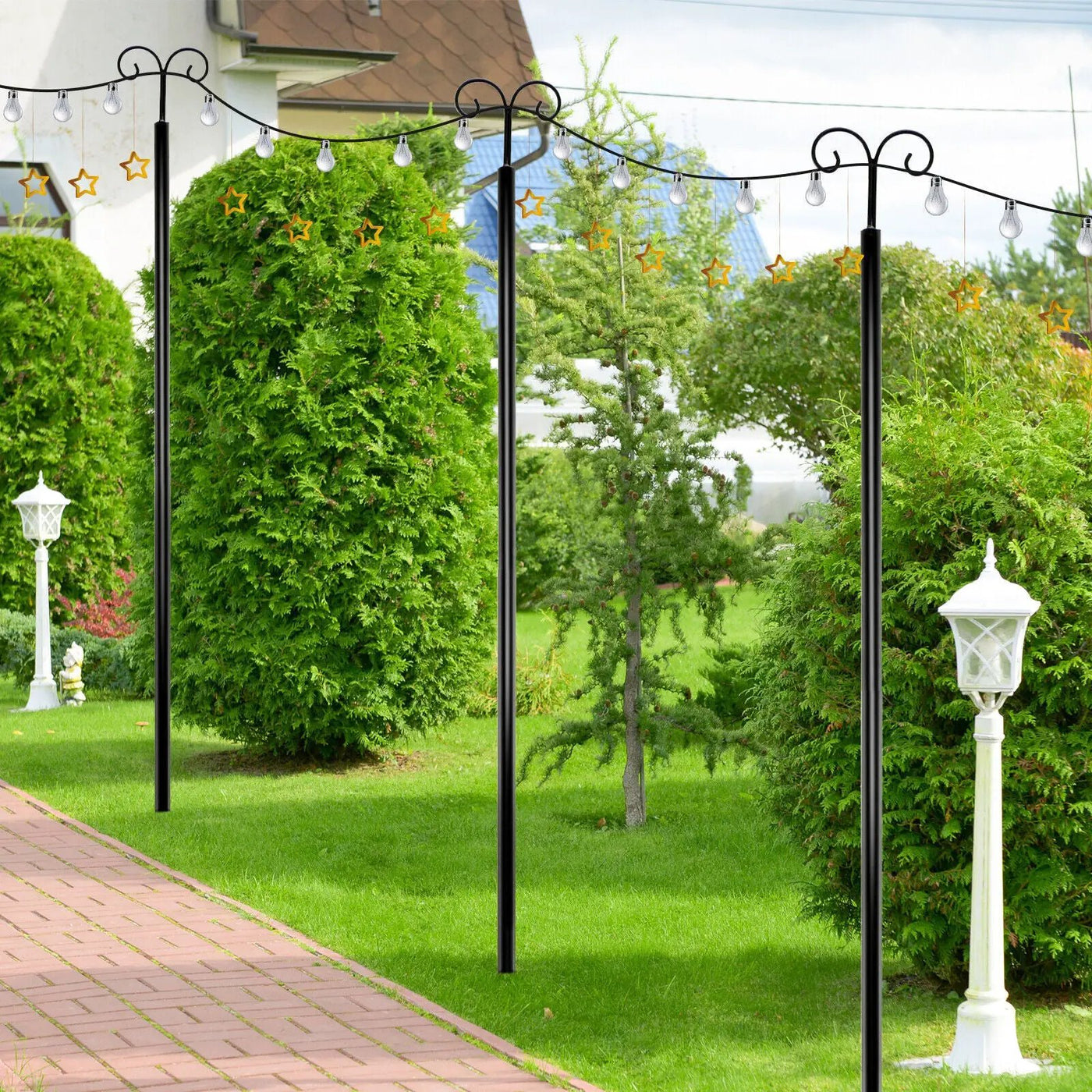 String Light Poles 2 Pack Outdoor Metal Poles with Top Arc Hook and 5-Prong Base by DirectDeals