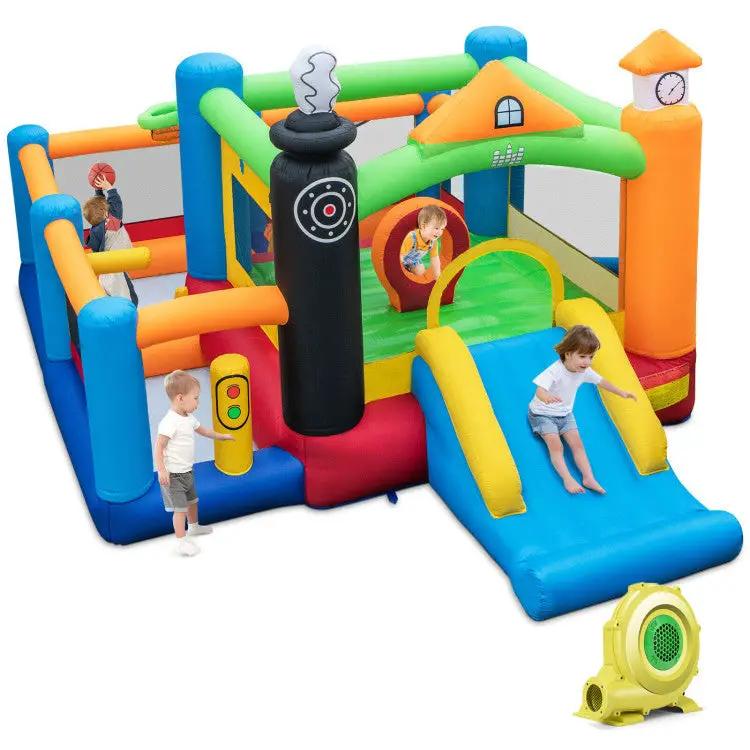 Train Themed Kids Bouncer with Slide and Basketball Hoop with 950W Air Blower by DirectDeals