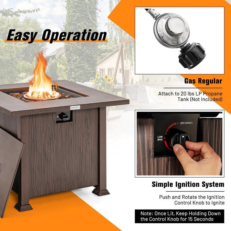 32 Inch 50 000 BTU Square Fire Pit Table with Lid and Lava Rocks-Brown by DirectDeals