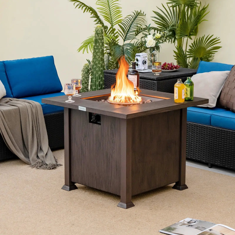 32 Inch 50 000 BTU Square Fire Pit Table with Lid and Lava Rocks-Brown by DirectDeals