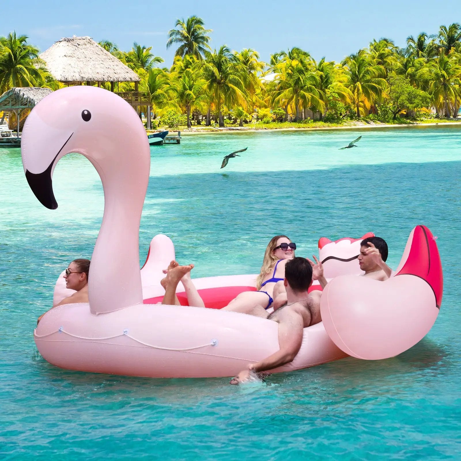 6 People Inflatable Flamingo Floating Island with 6 Cup Holders for Pool and River by DirectDeals