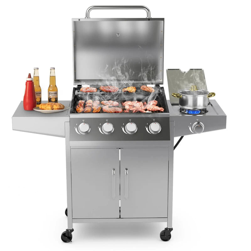 50000BTU 5-Burner Propane Gas Grill with Side Burner and 2 Prep Tables-Silver by DirectDeals