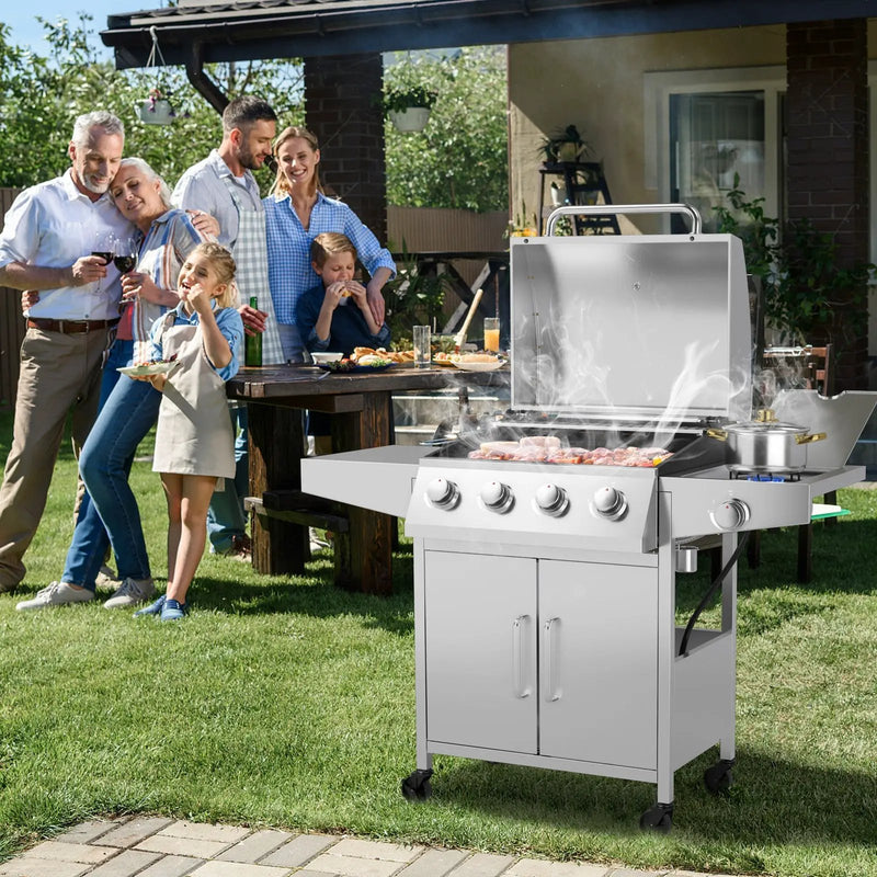 50000BTU 5-Burner Propane Gas Grill with Side Burner and 2 Prep Tables-Silver by DirectDeals