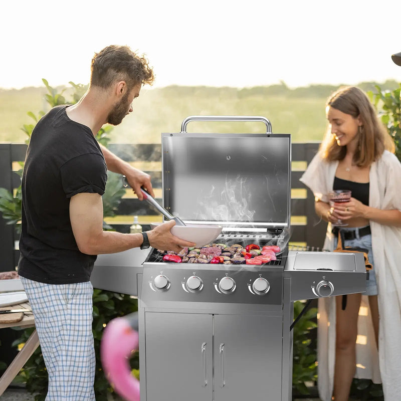 50000BTU 5-Burner Propane Gas Grill with Side Burner and 2 Prep Tables-Silver by DirectDeals