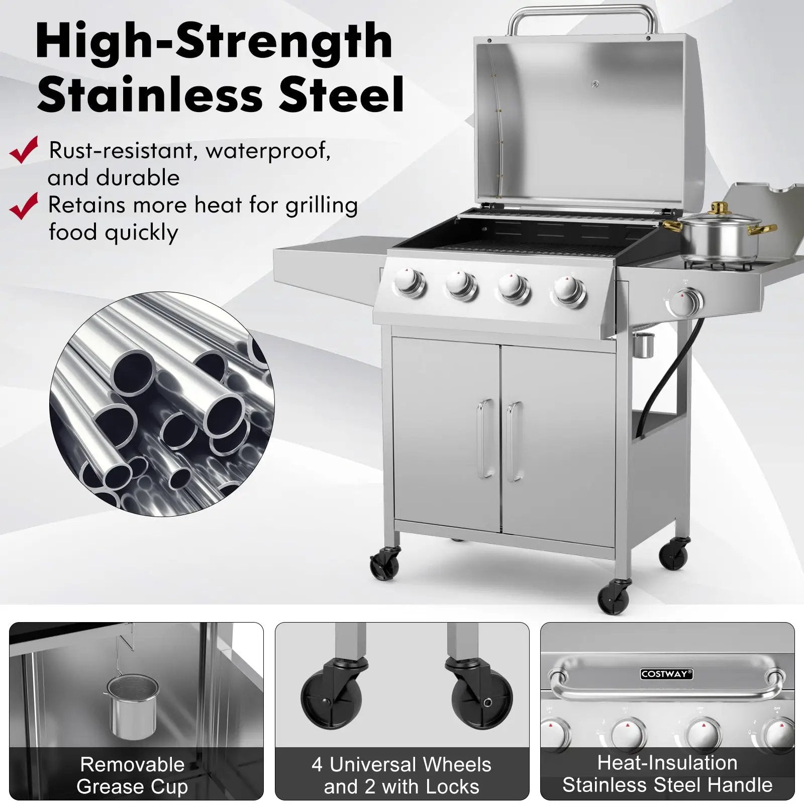 50000BTU 5-Burner Propane Gas Grill with Side Burner and 2 Prep Tables-Silver by DirectDeals