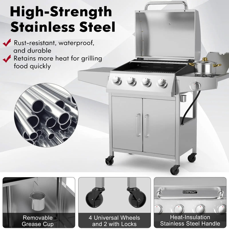 50000BTU 5-Burner Propane Gas Grill with Side Burner and 2 Prep Tables-Silver by DirectDeals