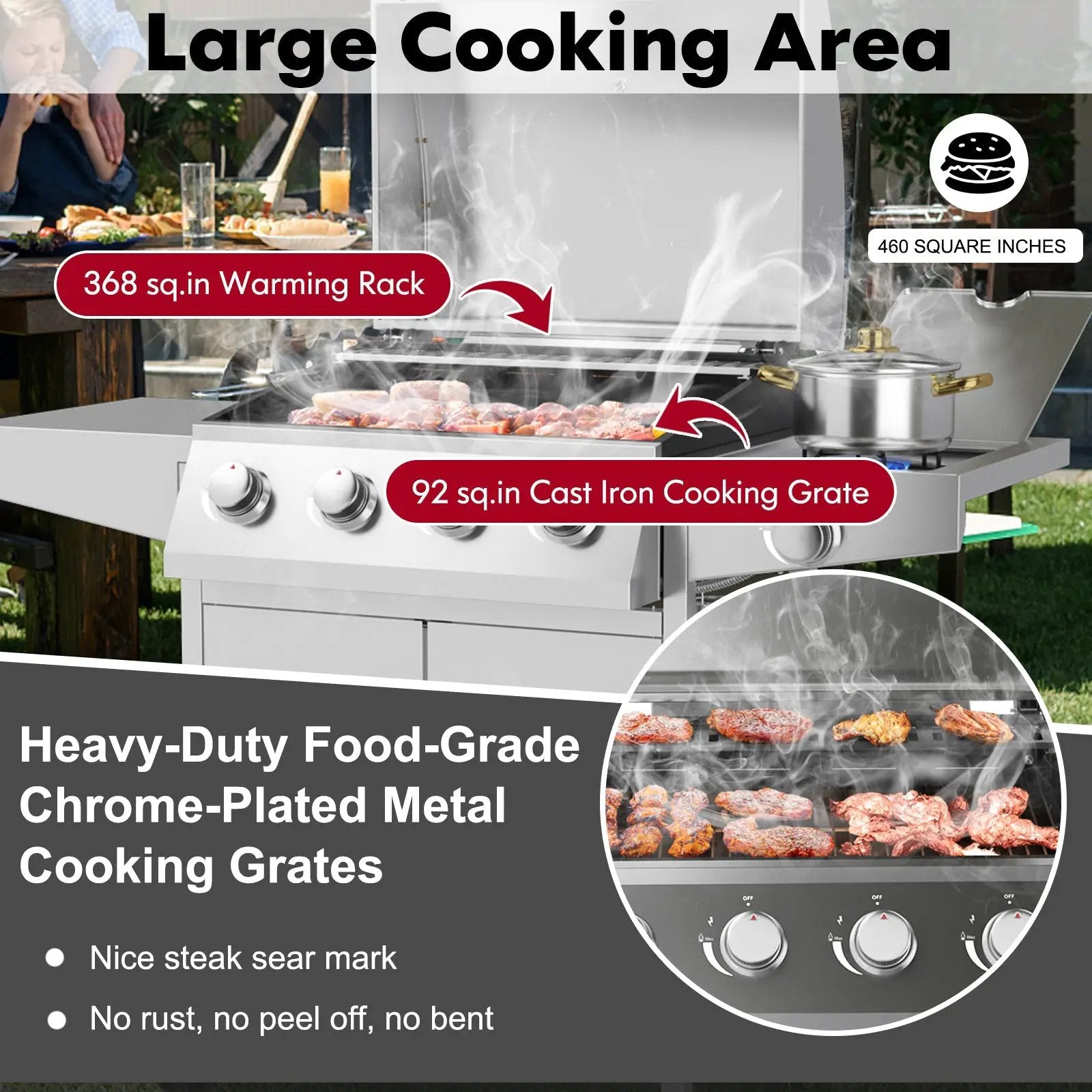 50000BTU 5-Burner Propane Gas Grill with Side Burner and 2 Prep Tables-Silver by DirectDeals