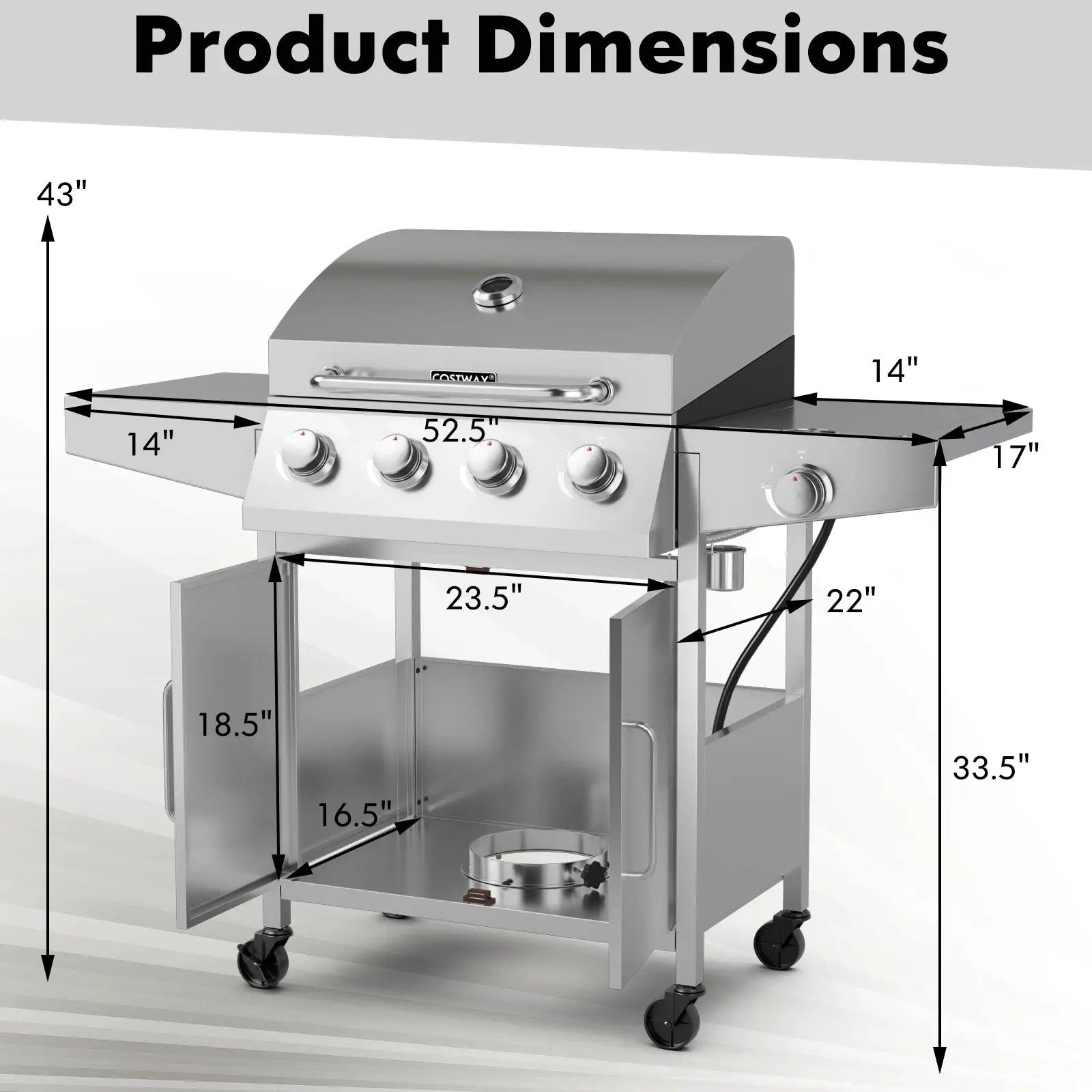 50000BTU 5-Burner Propane Gas Grill with Side Burner and 2 Prep Tables-Silver by DirectDeals