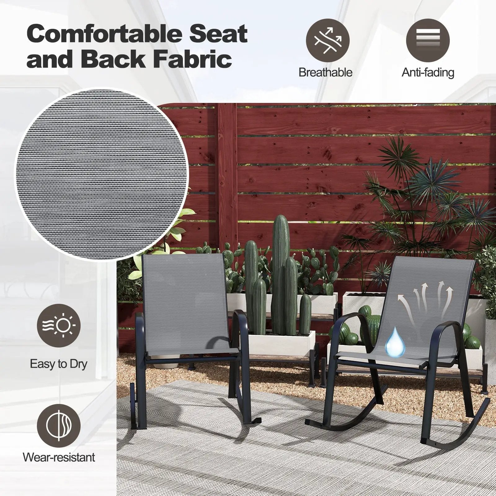 Set of 2 Metal Patio Rocking Chair with Breathable Seat Fabric by DirectDeals