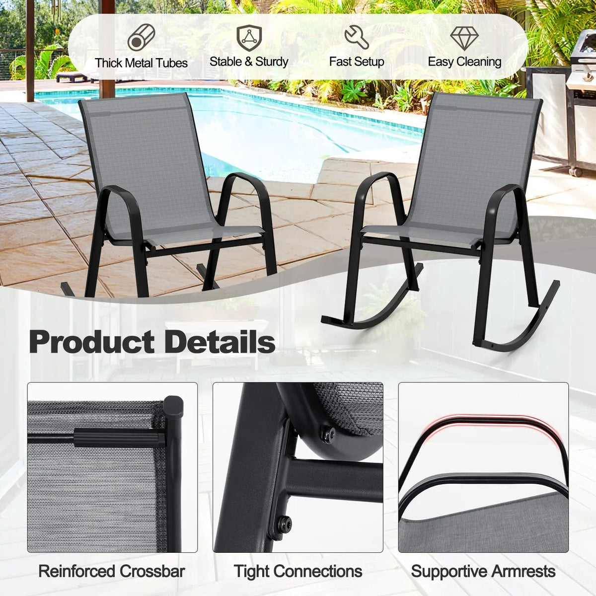 Set of 2 Metal Patio Rocking Chair with Breathable Seat Fabric by DirectDeals